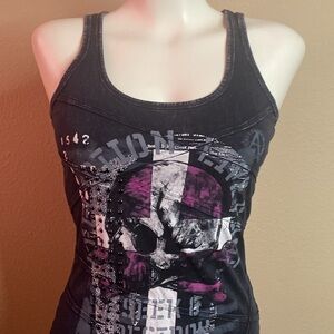 Affliction American chaos label distressed studded graphic skull  tank XS